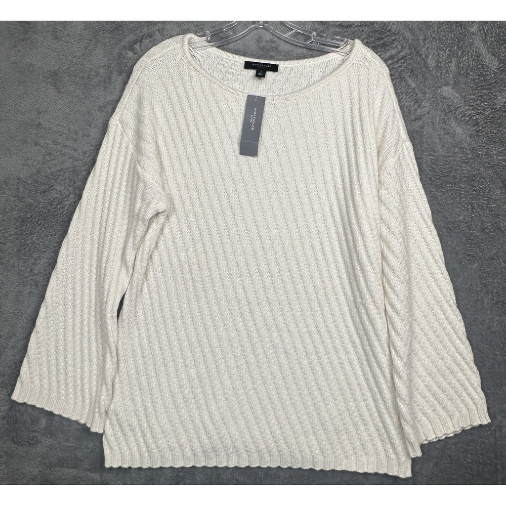 Ann Taylor Knit Sweater Women Petite Large Wool Alpaca Blnd Ivory Pull Over‎ NWT